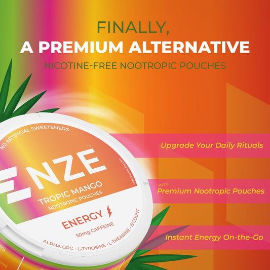 NZE Caffeine Nootropic Pouches Tropic Mango can back view showing product details for quick focus.