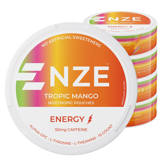 NZE Caffeine Nootropic Pouches Tropic Mango can front view boosts on-the-go energy.