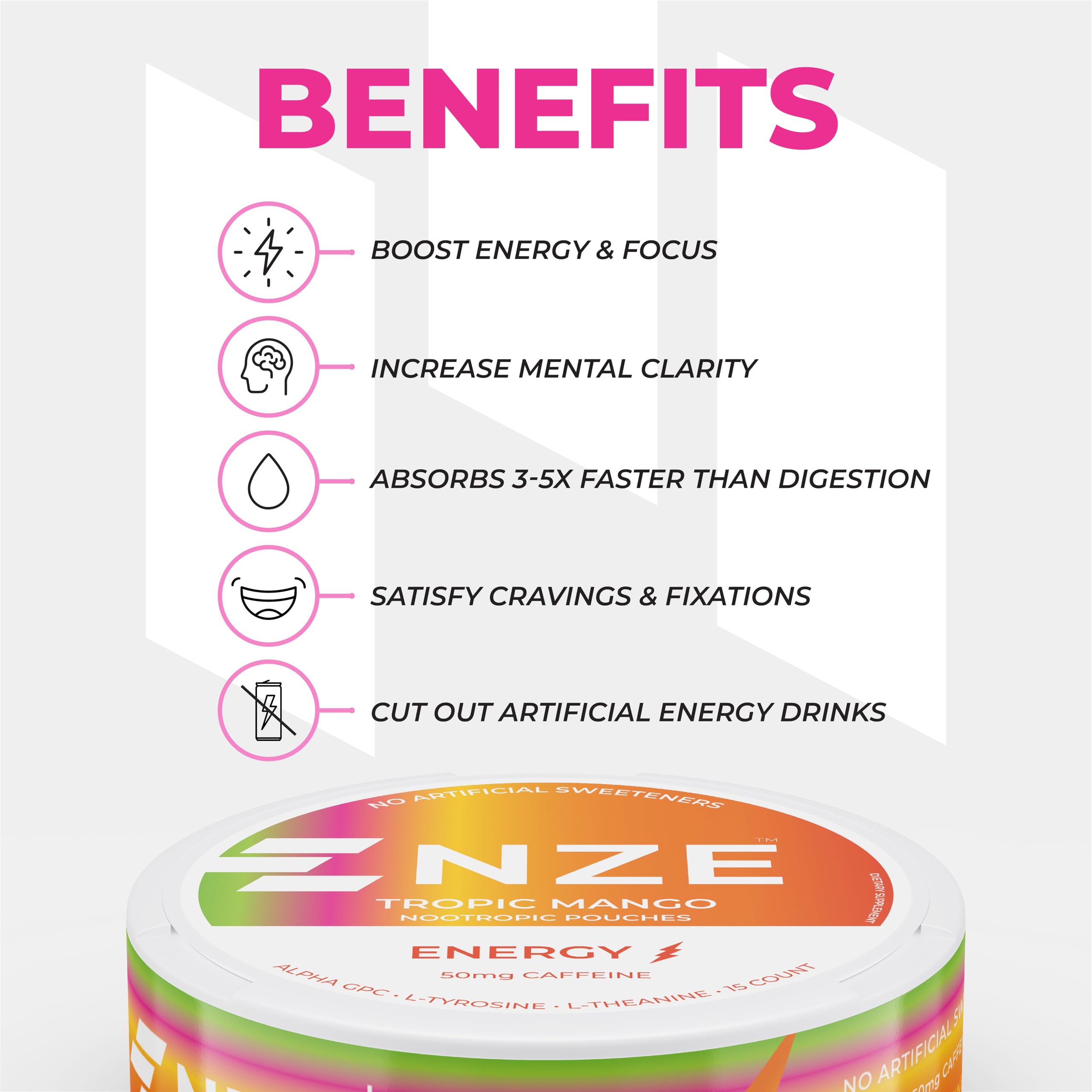 NZE Caffeine Nootropic Pouches Tropic Mango dispensed pouch demonstrates quick absorption for a fast boost.
