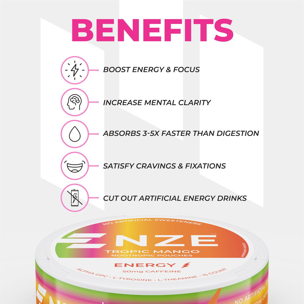 NZE Caffeine Nootropic Pouches Tropic Mango dispensed pouch demonstrates quick absorption for a fast boost.