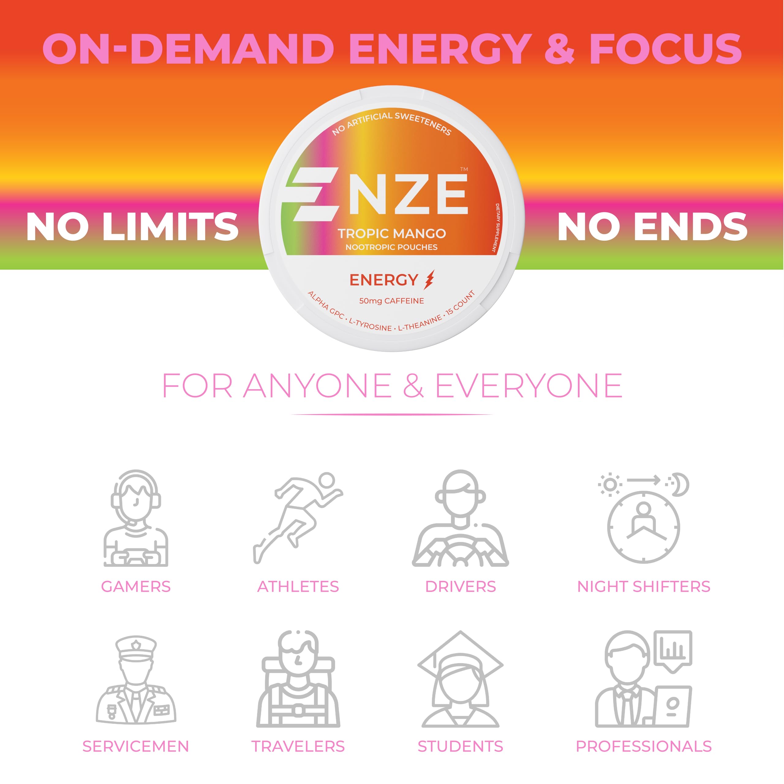NZE Caffeine Nootropic Pouches Tropic Mango pack of 15 shows clear value and portability.