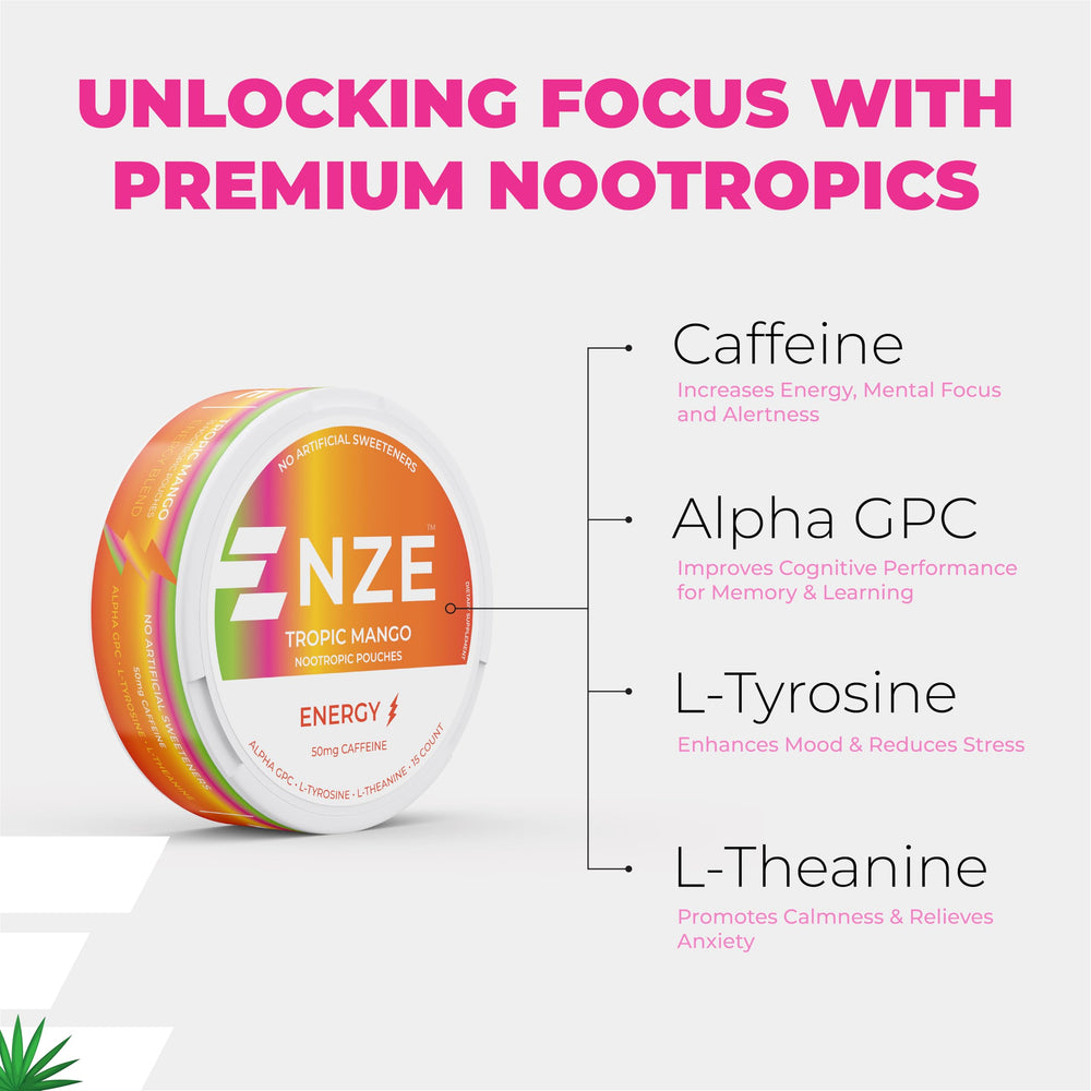 NZE Caffeine Nootropic Pouches Tropic Mango pouch closeup highlights smooth texture and clean flavor.
