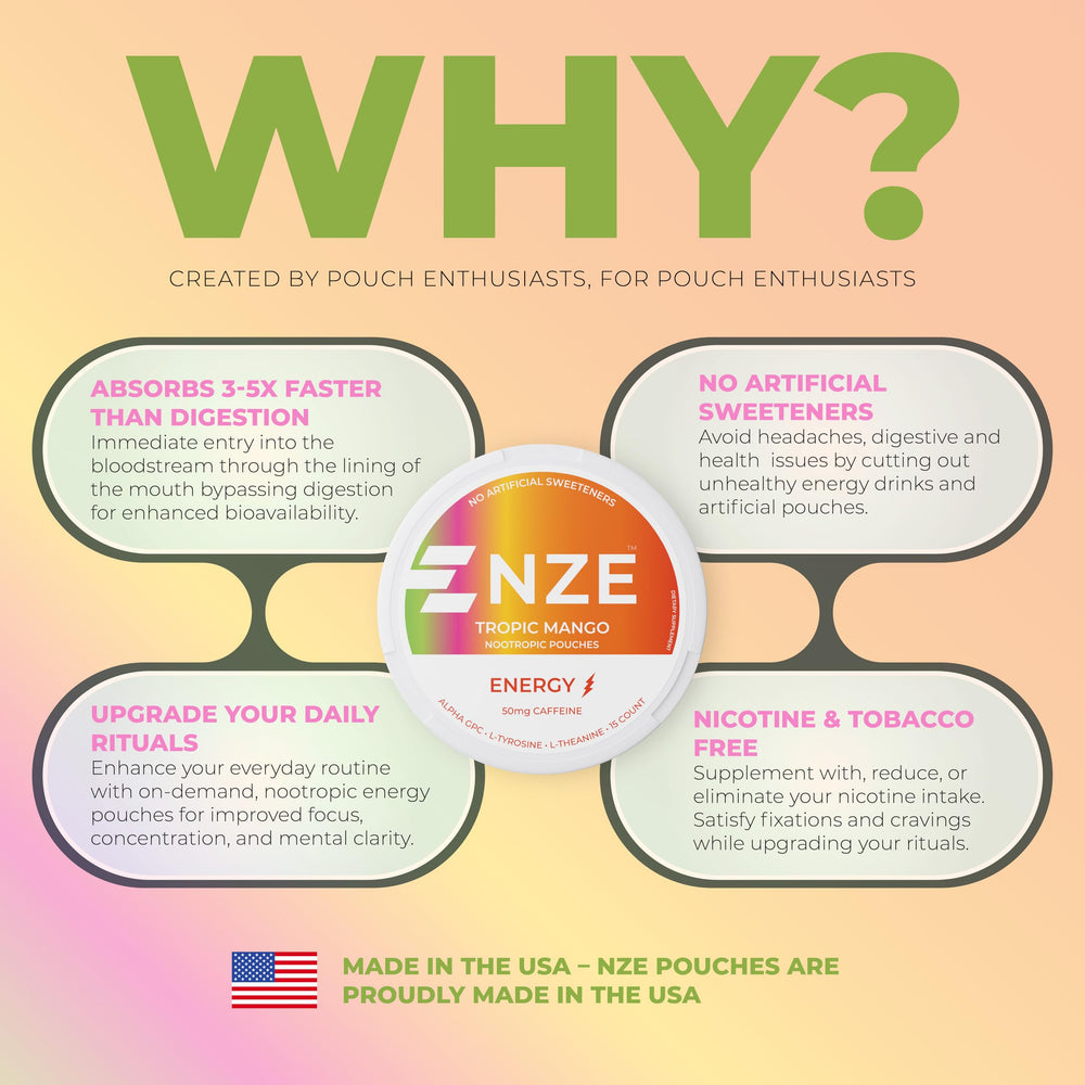 NZE Caffeine Nootropic Pouches Tropic Mango usage image hints at easy, portable energy.