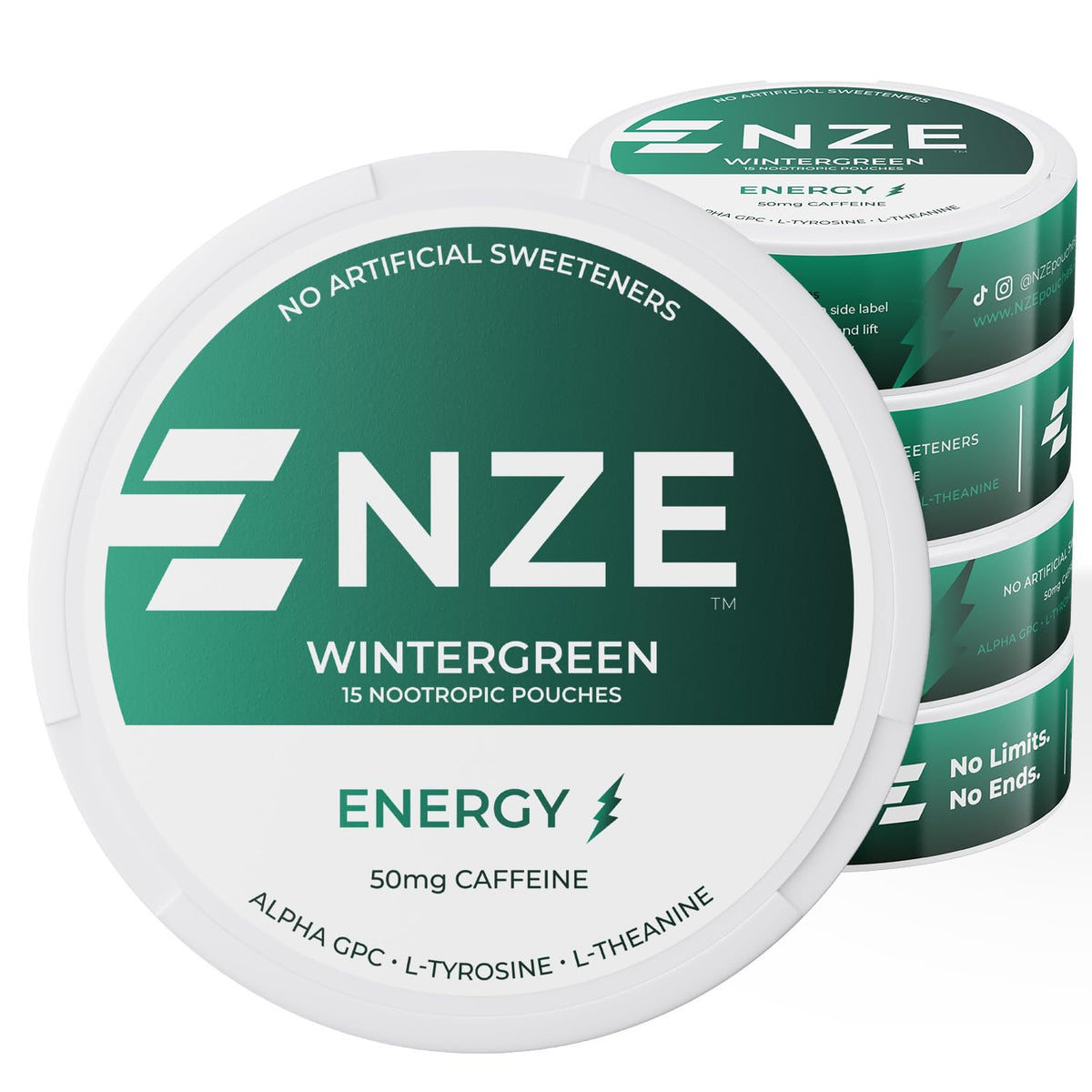 NZE Caffeine Nootropic Pouches Wintergreen can front showing brand for quick energy