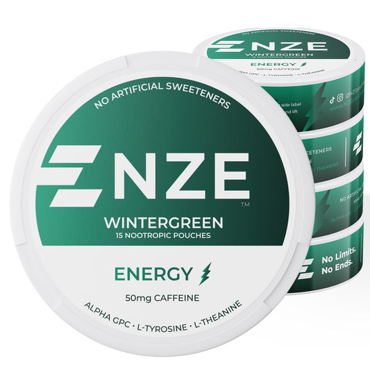 NZE Caffeine Nootropic Pouches Wintergreen can front showing brand for quick energy