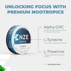 NZE Focus ingredients label close-up lists L-Theanine Alpha GPC and L-Tyrosine