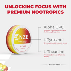 NZE focus pouches on desk illustrate convenient 15-pouch-per-can packaging.