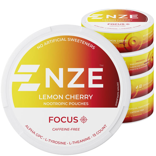 NZE lemon cherry packshot highlights a caffeine-free pouch for clean focus.
