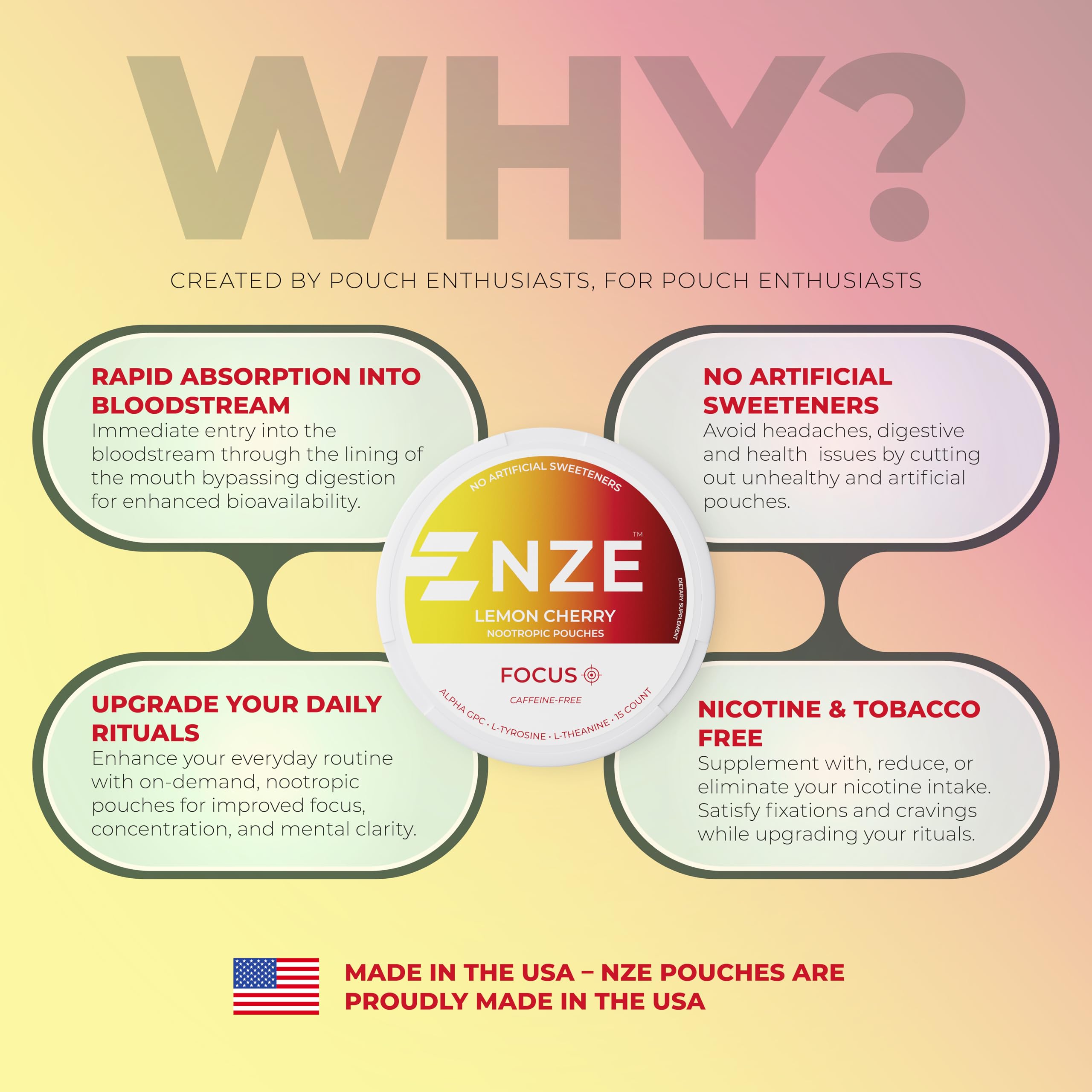 NZE logo on packaging reinforces USA-made quality and premium ingredients.