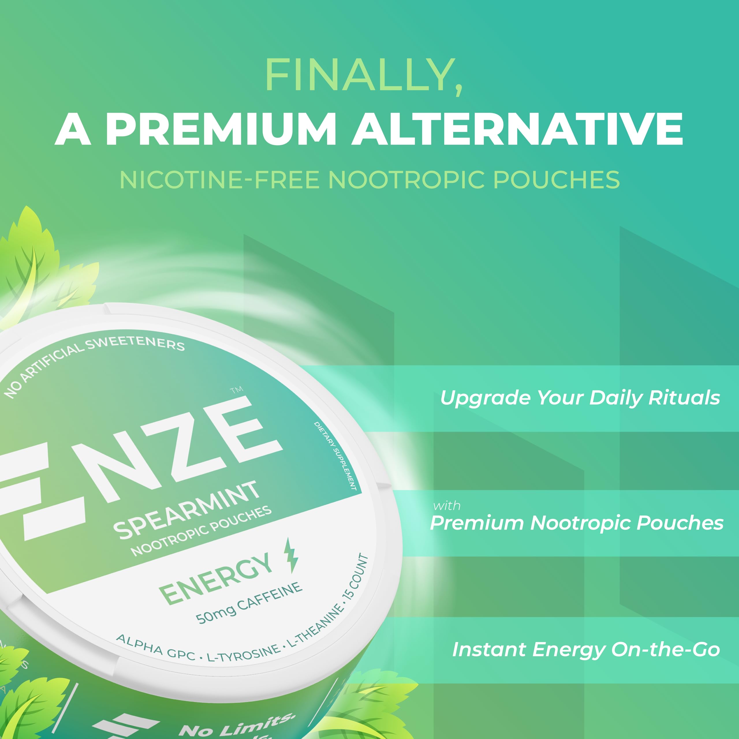NZE Spearmint pouch out of can showing portable energy on the go.