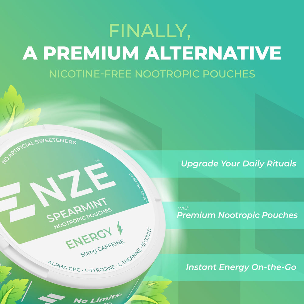 NZE Spearmint pouch out of can showing portable energy on the go.
