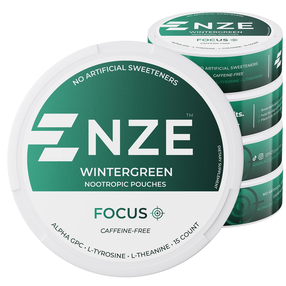 NZE Wintergreen nootropic pouch close-up highlighting caffeine-free formula for daily focus.