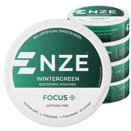 NZE Wintergreen nootropic pouch close-up highlighting caffeine-free formula for daily focus.