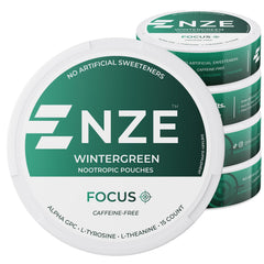 NZE Wintergreen nootropic pouch close-up highlighting caffeine-free formula for daily focus.