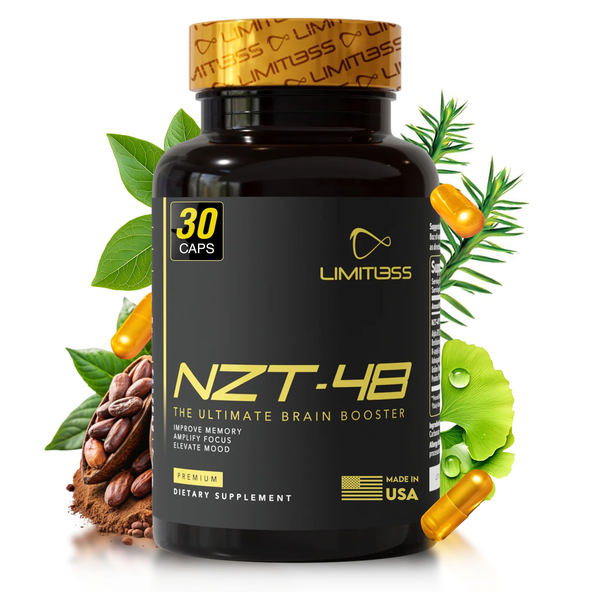 NZT-48 bottle closeup highlighting premium brain booster formula for sharper focus.