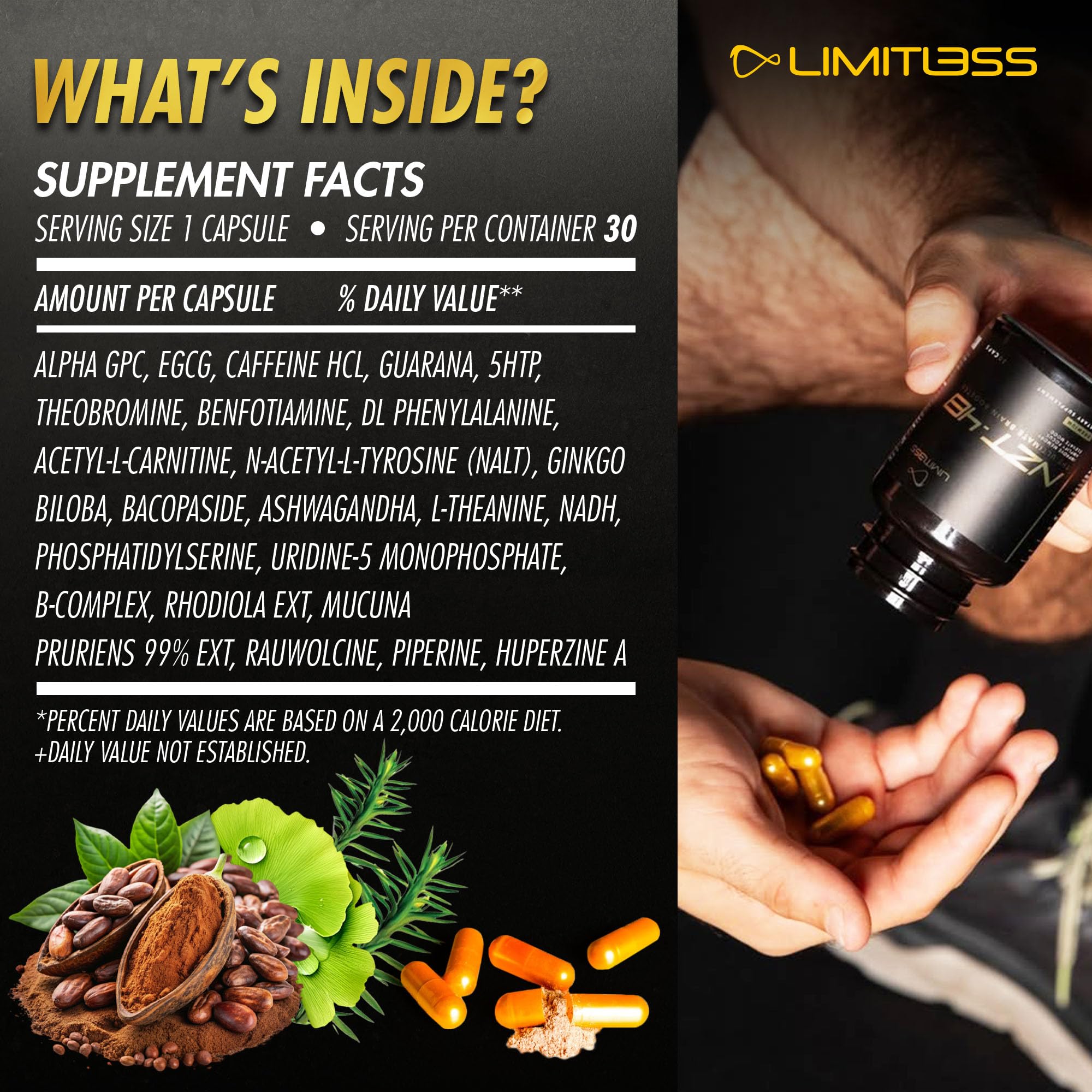 NZT-48 bottle label shows key ingredients and benefits.