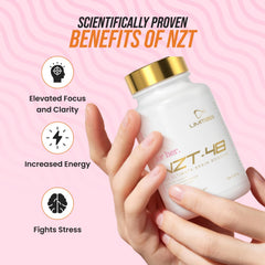 NZT-48 Premium Brain Booster for Her label closeup highlighting ingredients.