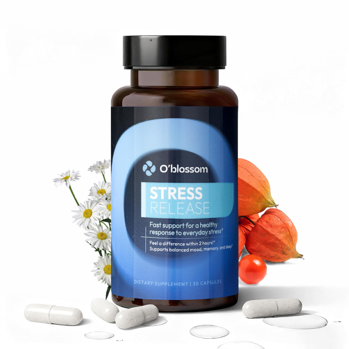 O'blossom Stress Release bottle promising rapid calm within hours