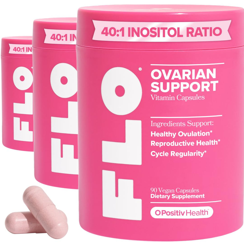O Positiv FLO ovarian support bottle front showing label and daily serving guidance.