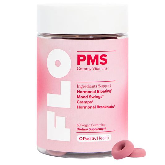 O Positiv FLO PMS Gummies bottle close-up for easy daily use and mood support.
