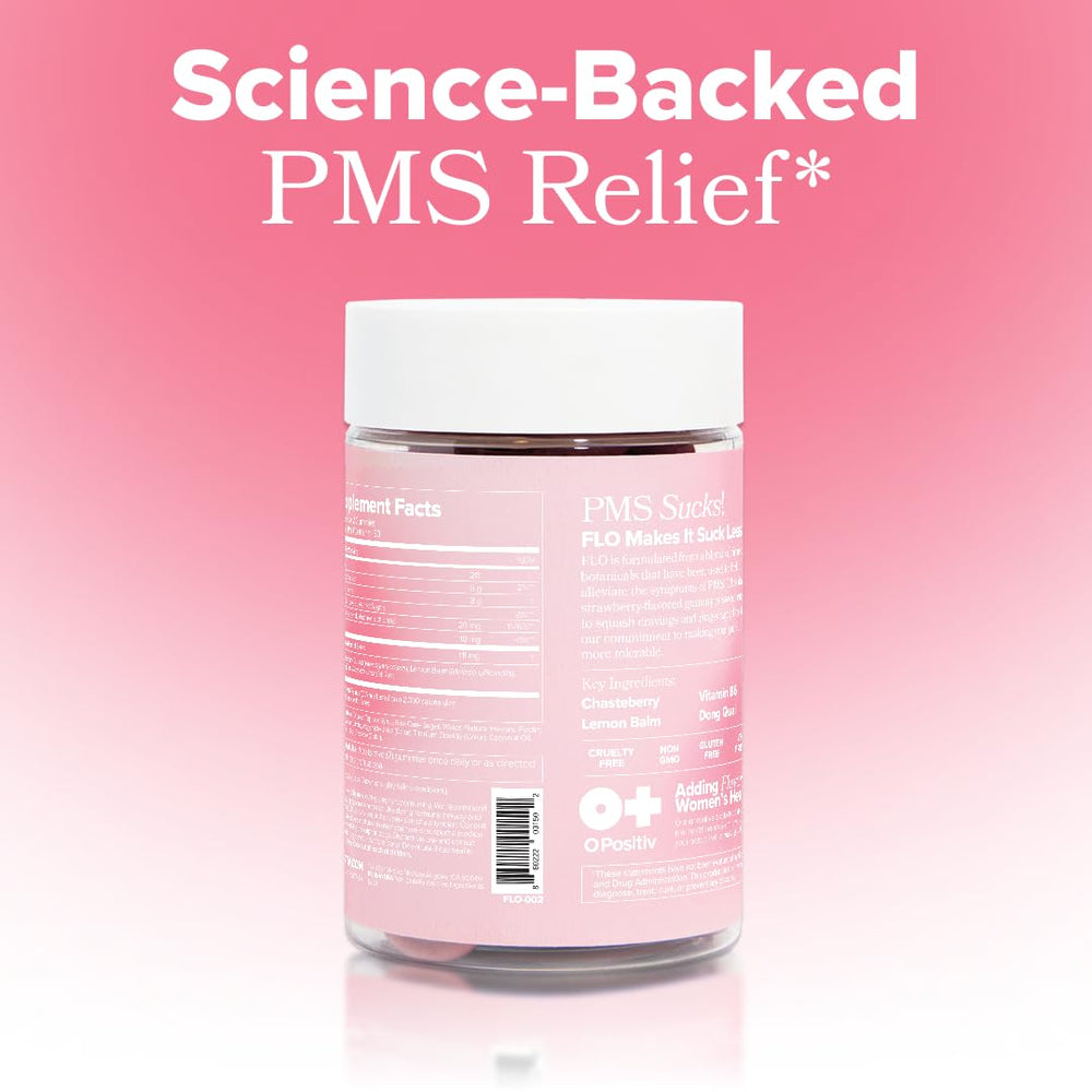 O Positiv FLO PMS branding on packaging communicates proactive wellness support.