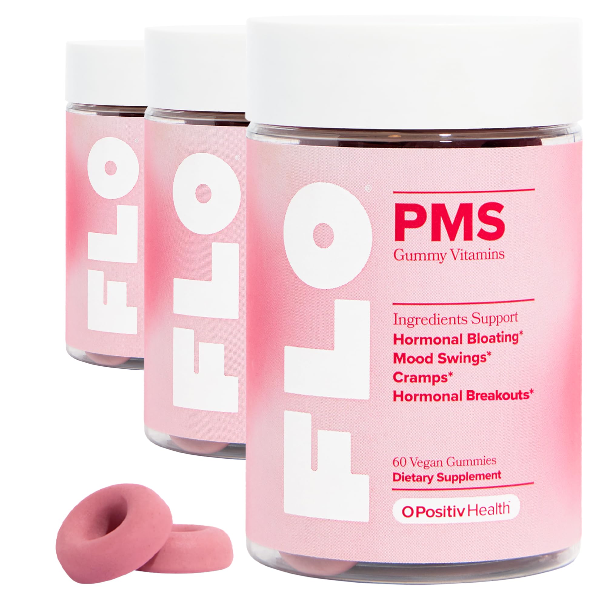 O Positiv FLO PMS Gummies bottle front for convenient daily relief.