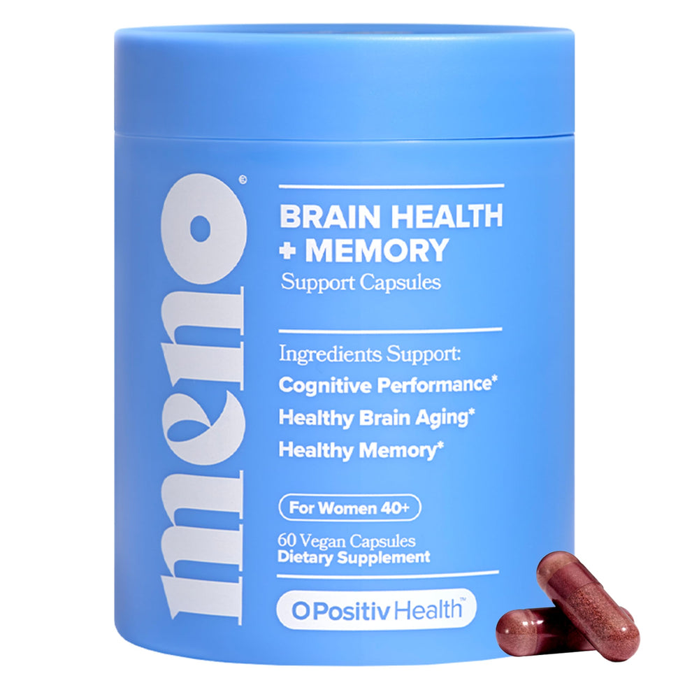 O Positiv MENO bottle closeup for daily brain health support, focus, and clarity.