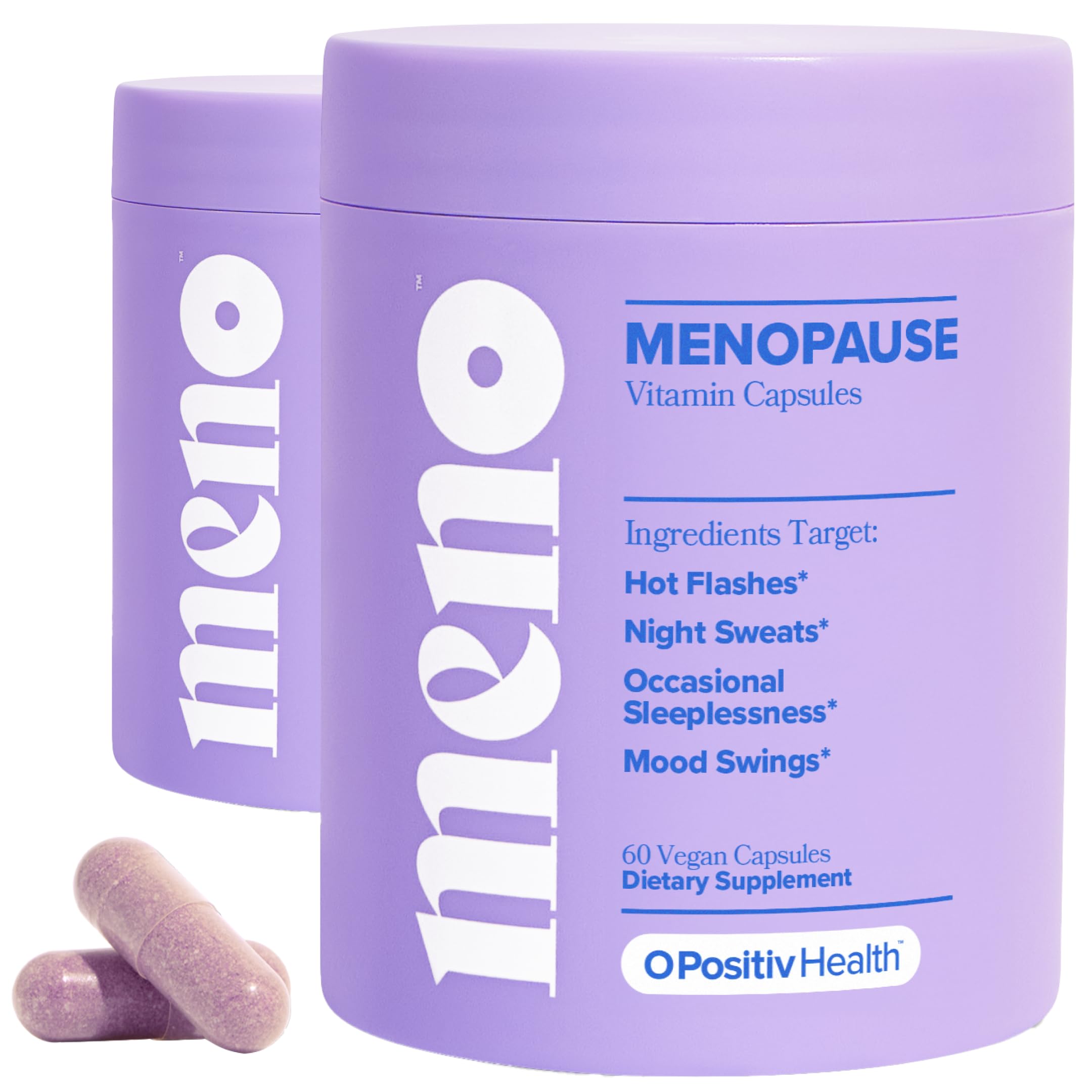 O Positiv MENO bottle front with daily menopause support capsules.