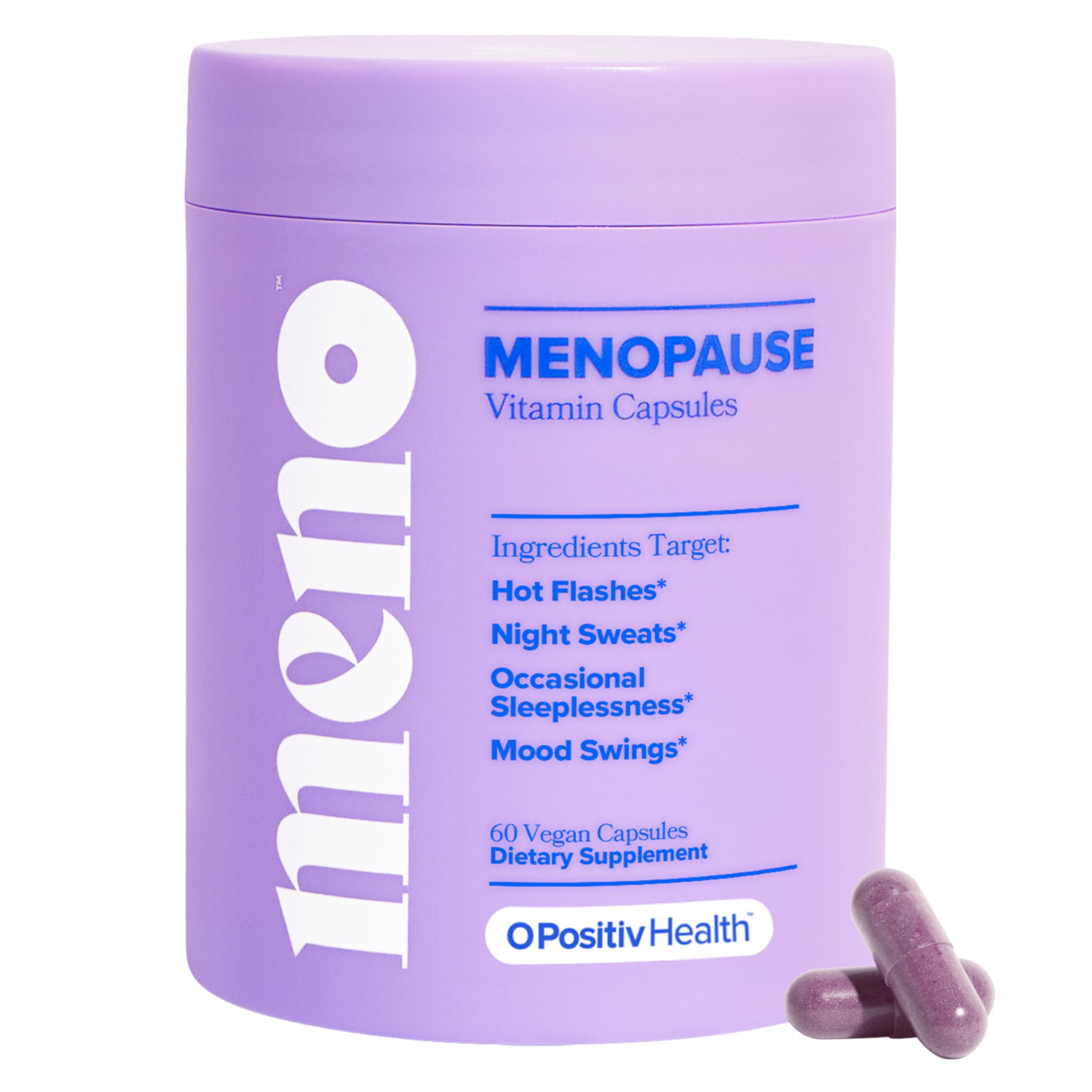 O Positiv MENO bottle front: daily menopause support for hot flashes and mood balance.