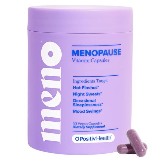 O Positiv MENO bottle front: daily menopause support for hot flashes and mood balance.