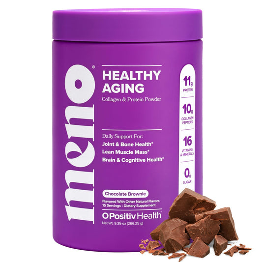 O Positiv MENO bottle front view with chocolate brownie flavor for daily wellness