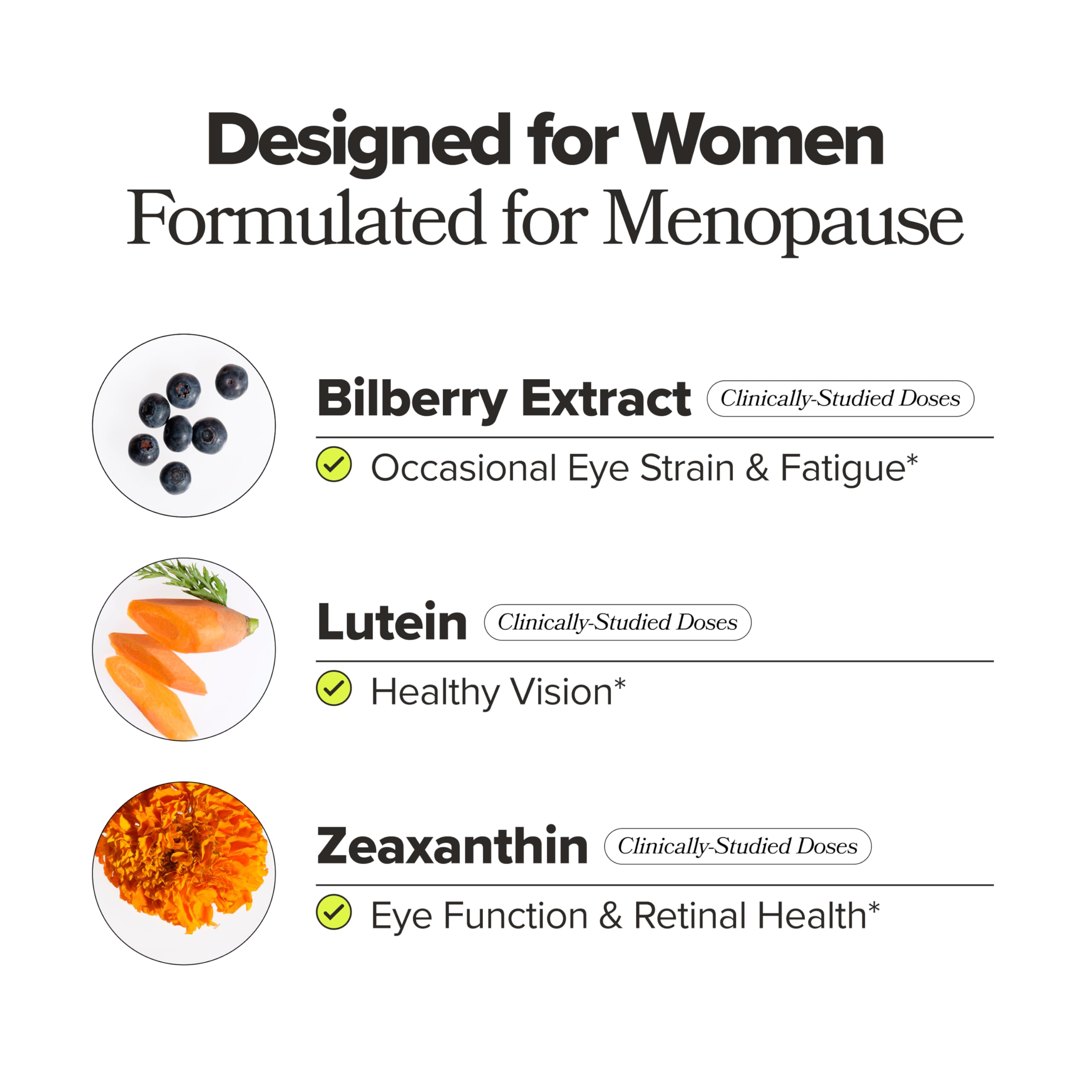 O Positiv MENO Eye Health ingredients with lutein and zeaxanthin for retinal support.