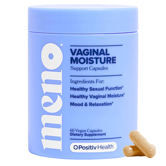O Positiv MENO capsules bottle pour for easy daily vaginal moisture support.