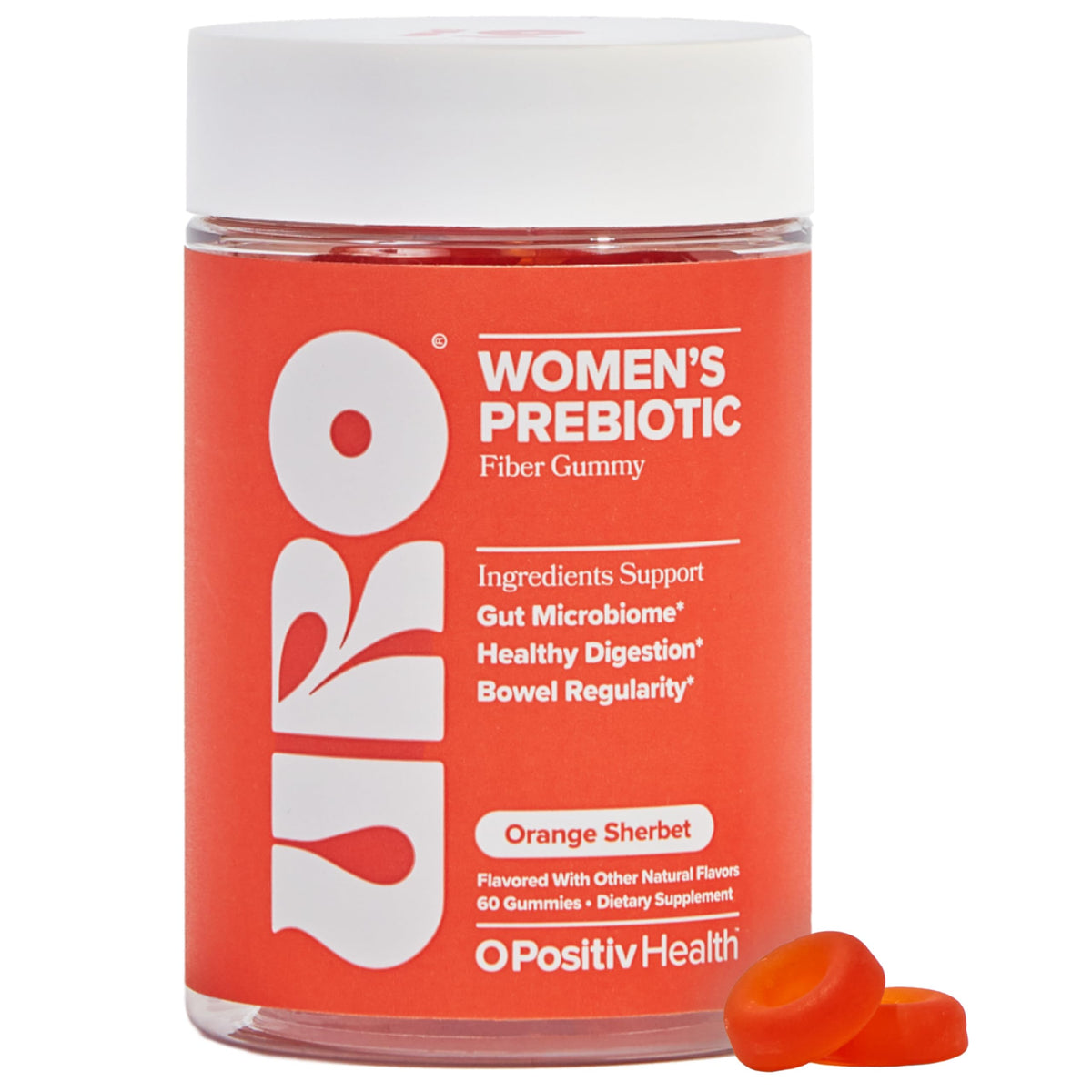 O Positiv URO Fiber Gummies bottle on counter for daily digestion support