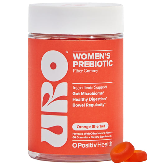 O Positiv URO Fiber Gummies bottle on counter for daily digestion support