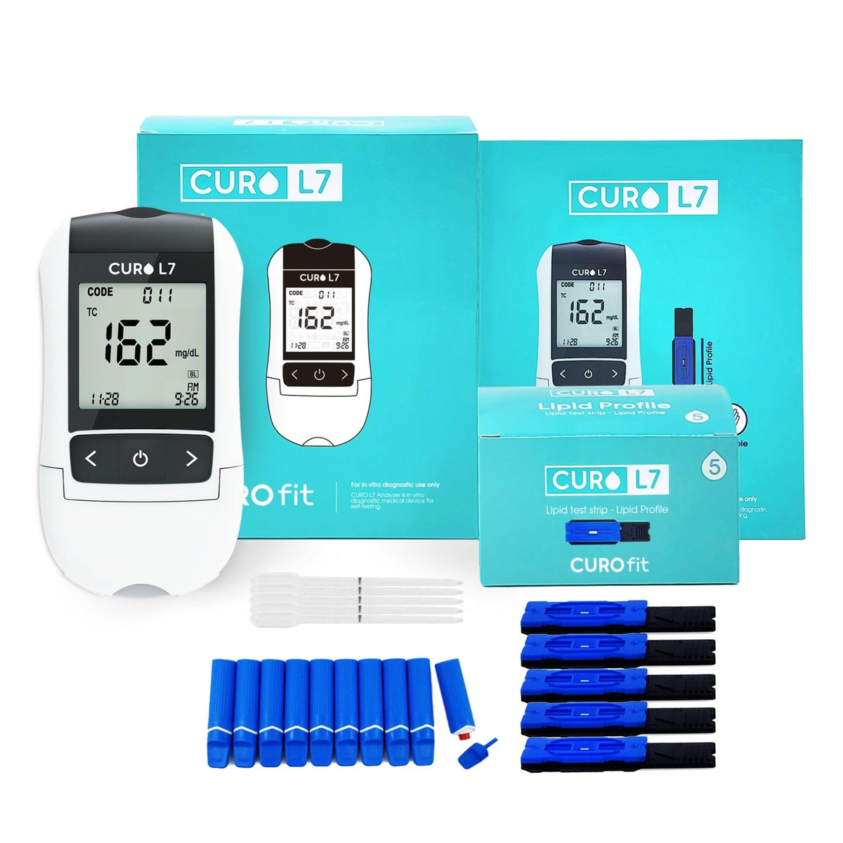 O2 LIFECARE CURO L7 kit front view for at-home lipid testing.