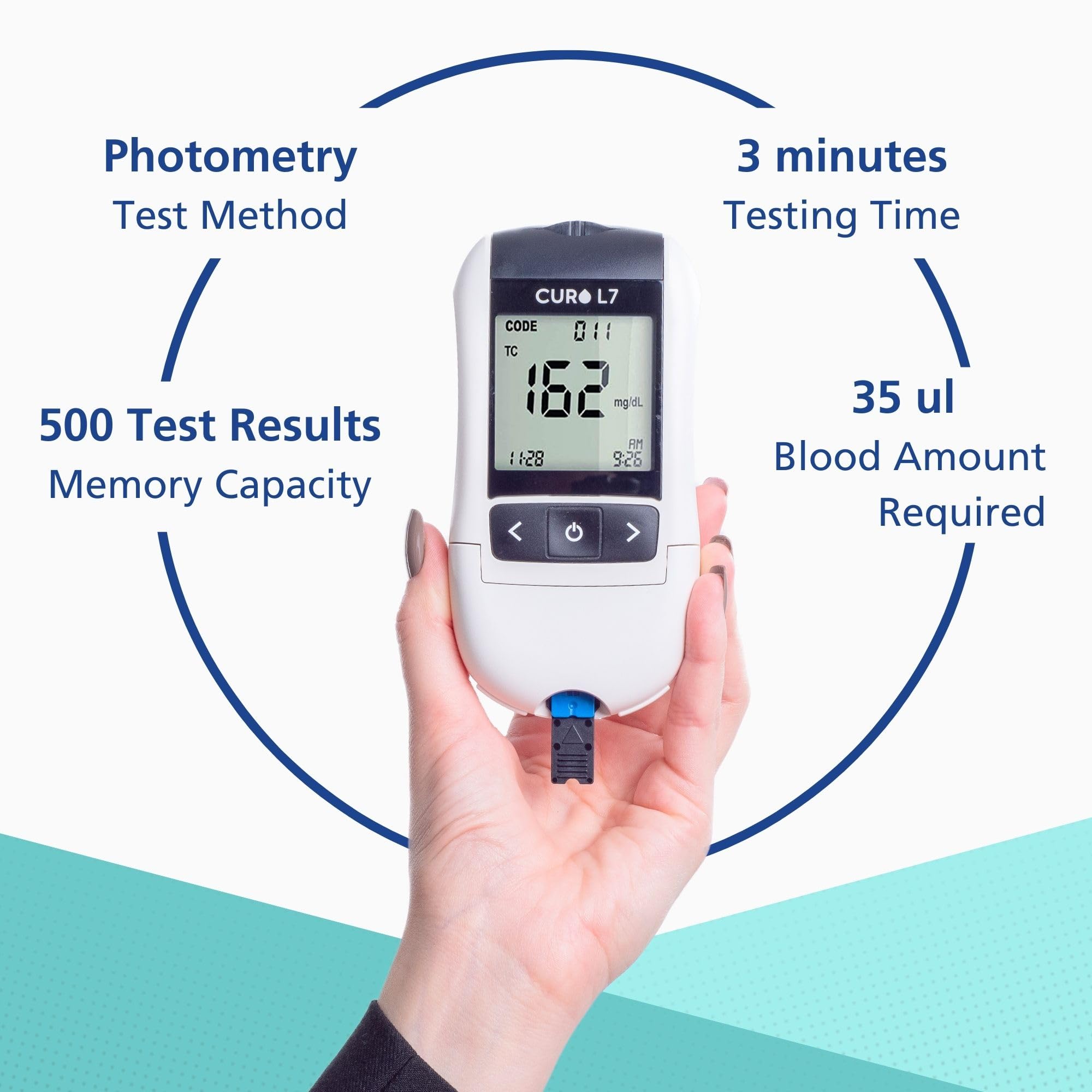 O2 LIFECARE CURO L7 test strip presenting six lipid metrics clearly.