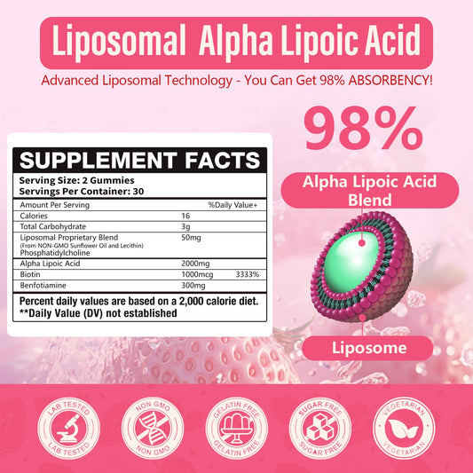 Oakevlp liposomal alpha lipoic acid gummies label closeup showing ingredients and potency.
