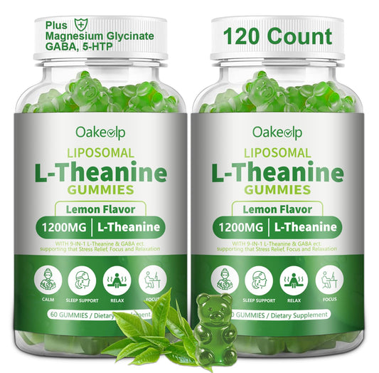 Oakevlp liposomal L-Theanine gummies bottle promoting daily relaxation.