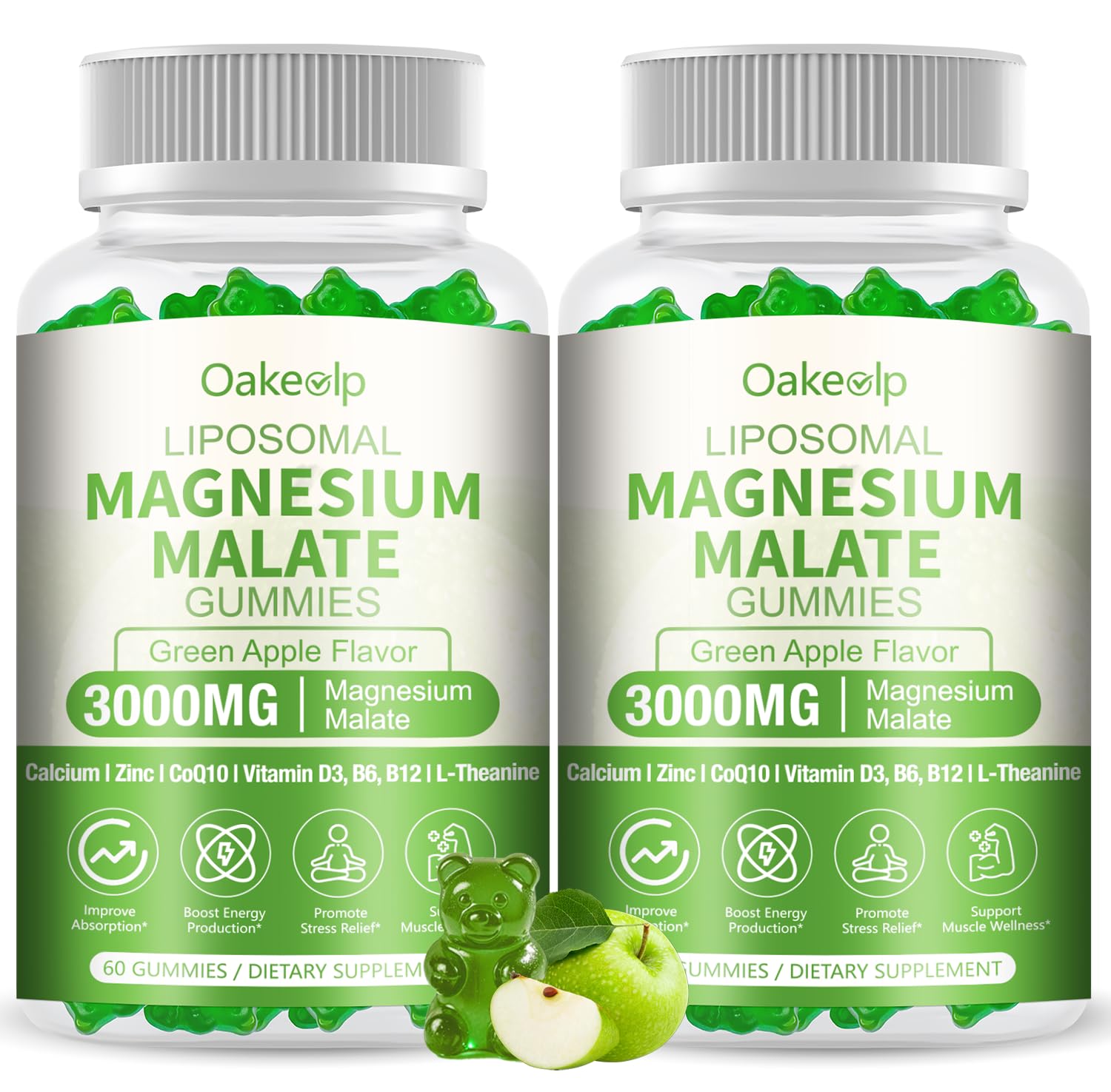 Oakevlp magnesium malate gummies jar boosts energy and calm.