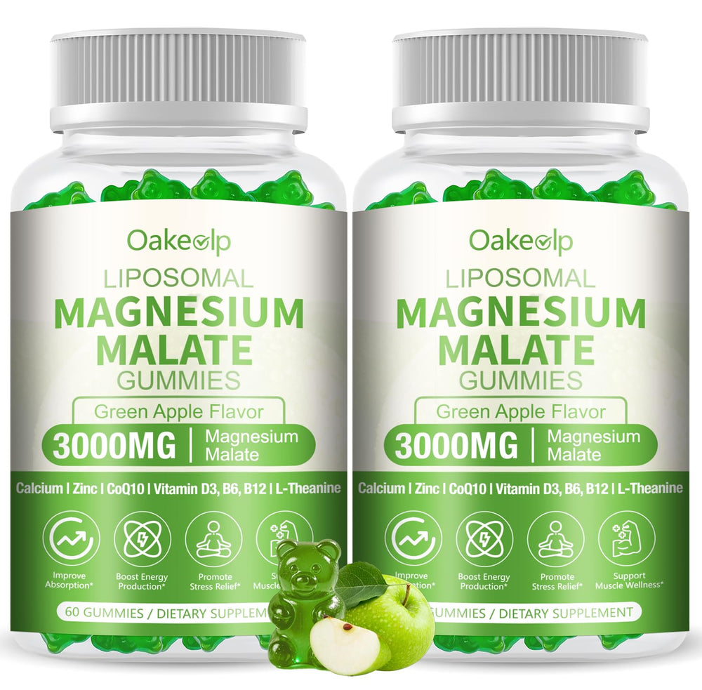 Oakevlp magnesium malate gummies jar boosts energy and calm.