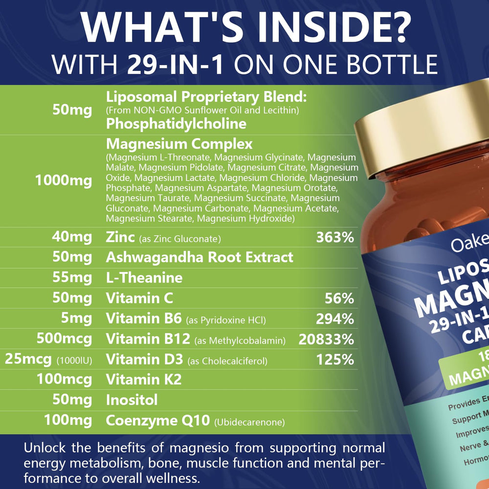 Oakevlp magnesium types chart on bottle label demonstrates comprehensive formula.