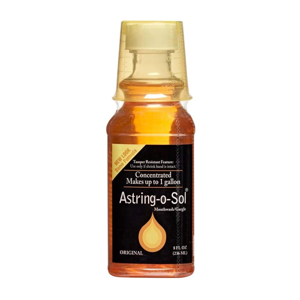 Oakhurst Co. Astring-O-Sol mouthwash bottle for fresh breath and throat comfort.