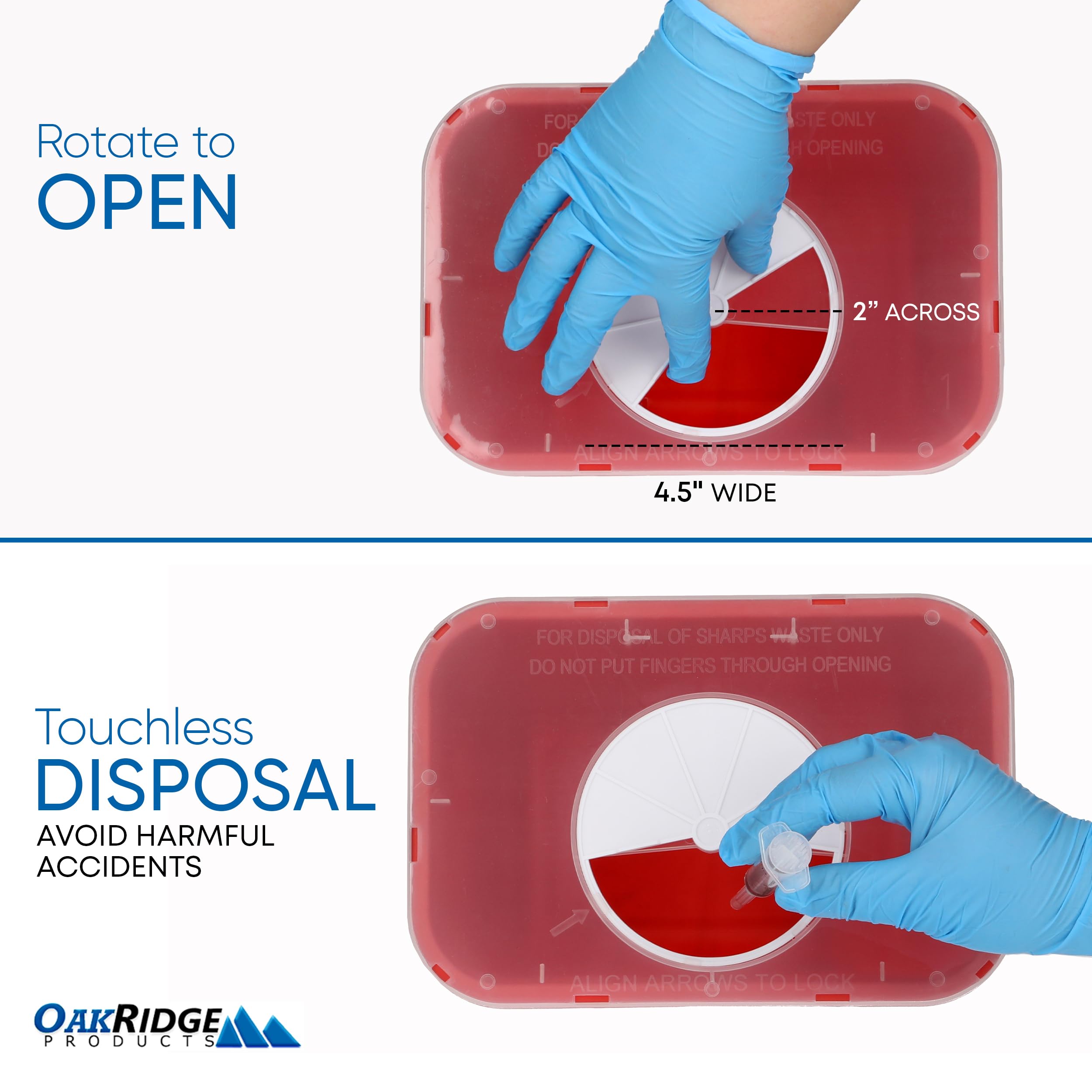 Oakridge Products biohazard disposal sharps container keeps sharps securely stored.