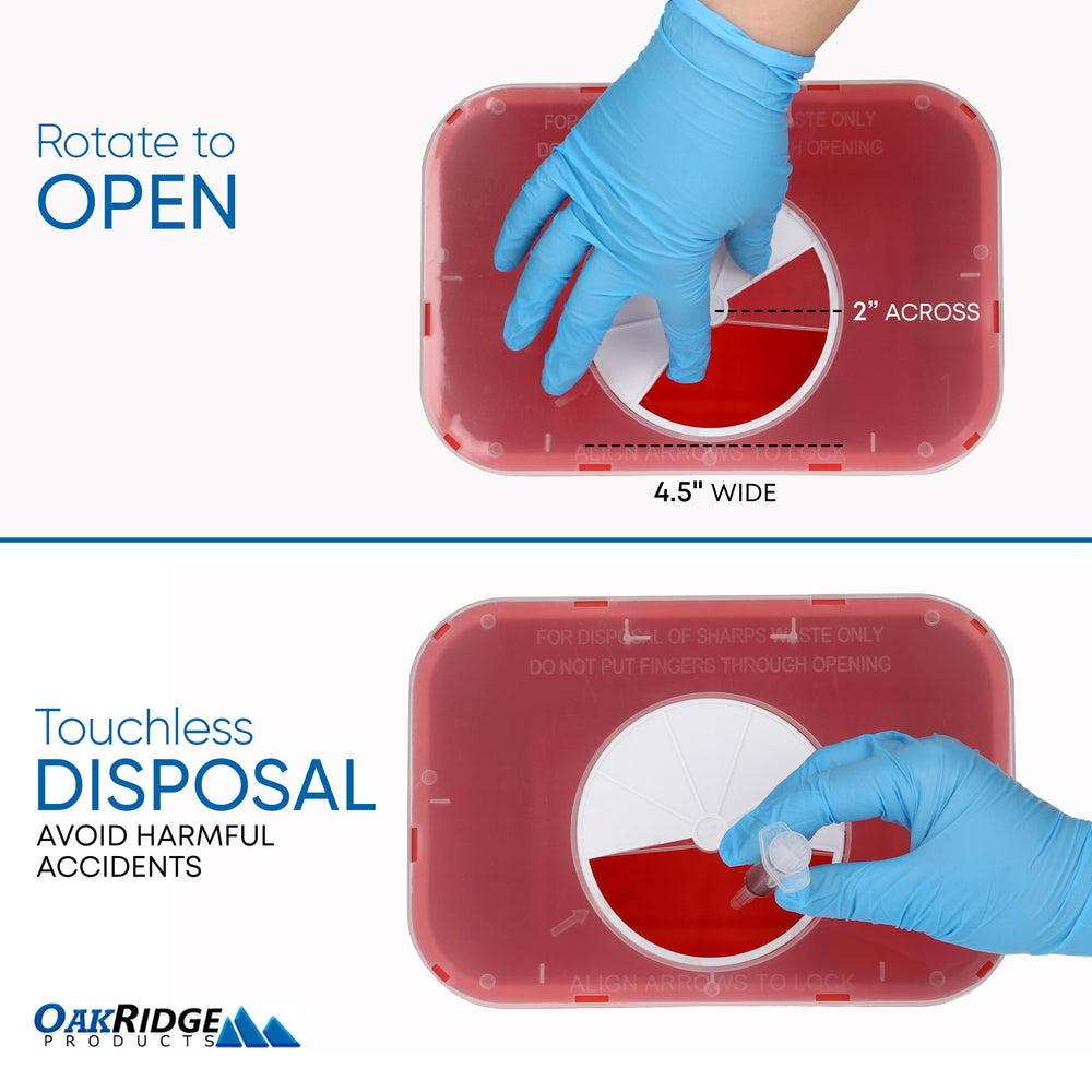 Oakridge Products biohazard disposal sharps container keeps sharps securely stored.
