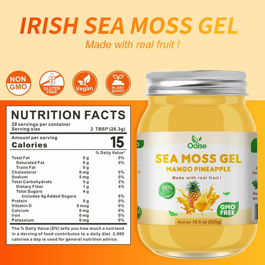 OALSE Sea Moss Gel Mango Pineapple jar highlights rich minerals and plant-based nutrition