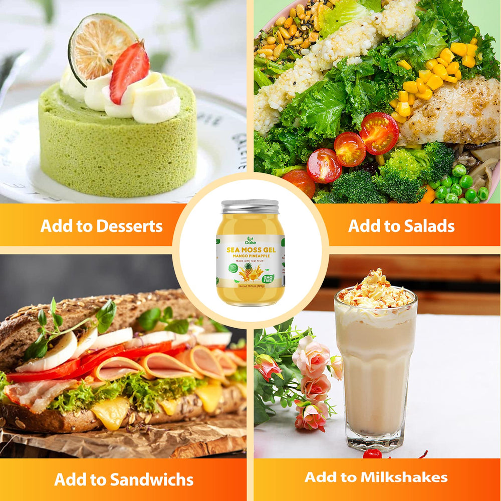 OALSE Sea Moss Gel Mango Pineapple label emphasizes premium quality and flavor