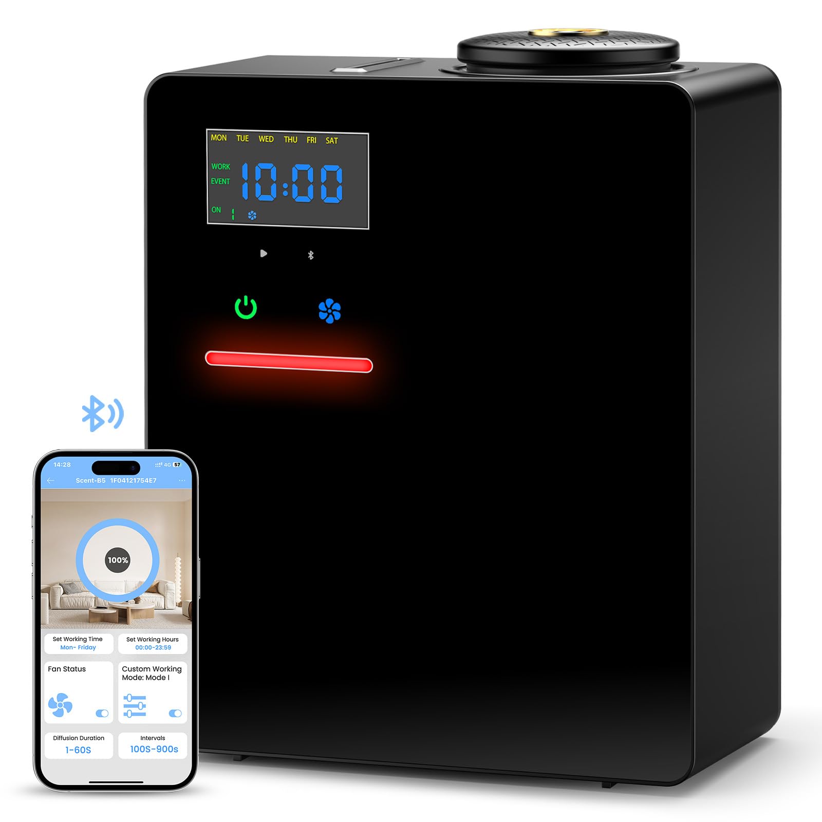 OANDYS waterless diffuser shows 5000 sq ft coverage for even scent.