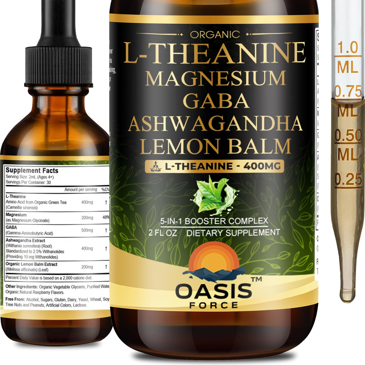 Oasis Force L-Theanine Drops bottle promotes calm focus without drowsiness.