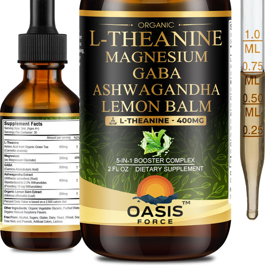 Oasis Force L-Theanine Drops bottle promotes calm focus without drowsiness.